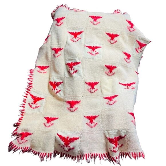 Vintage Wool Throw Blanket Red Patriotic Eagles Fringed 44 x 38  RARE u - Picture 8 of 8